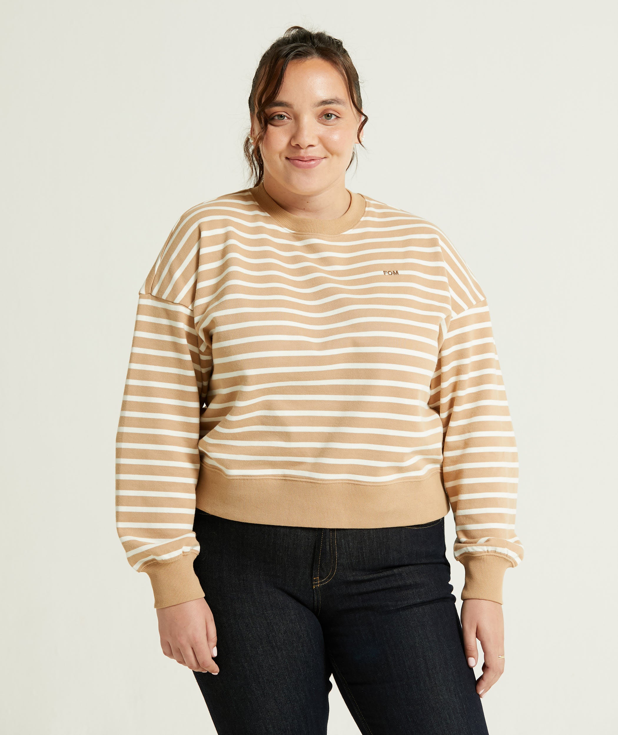 Ladies Crew Neck Stripe Sweatshirt Tan Off-White Women's