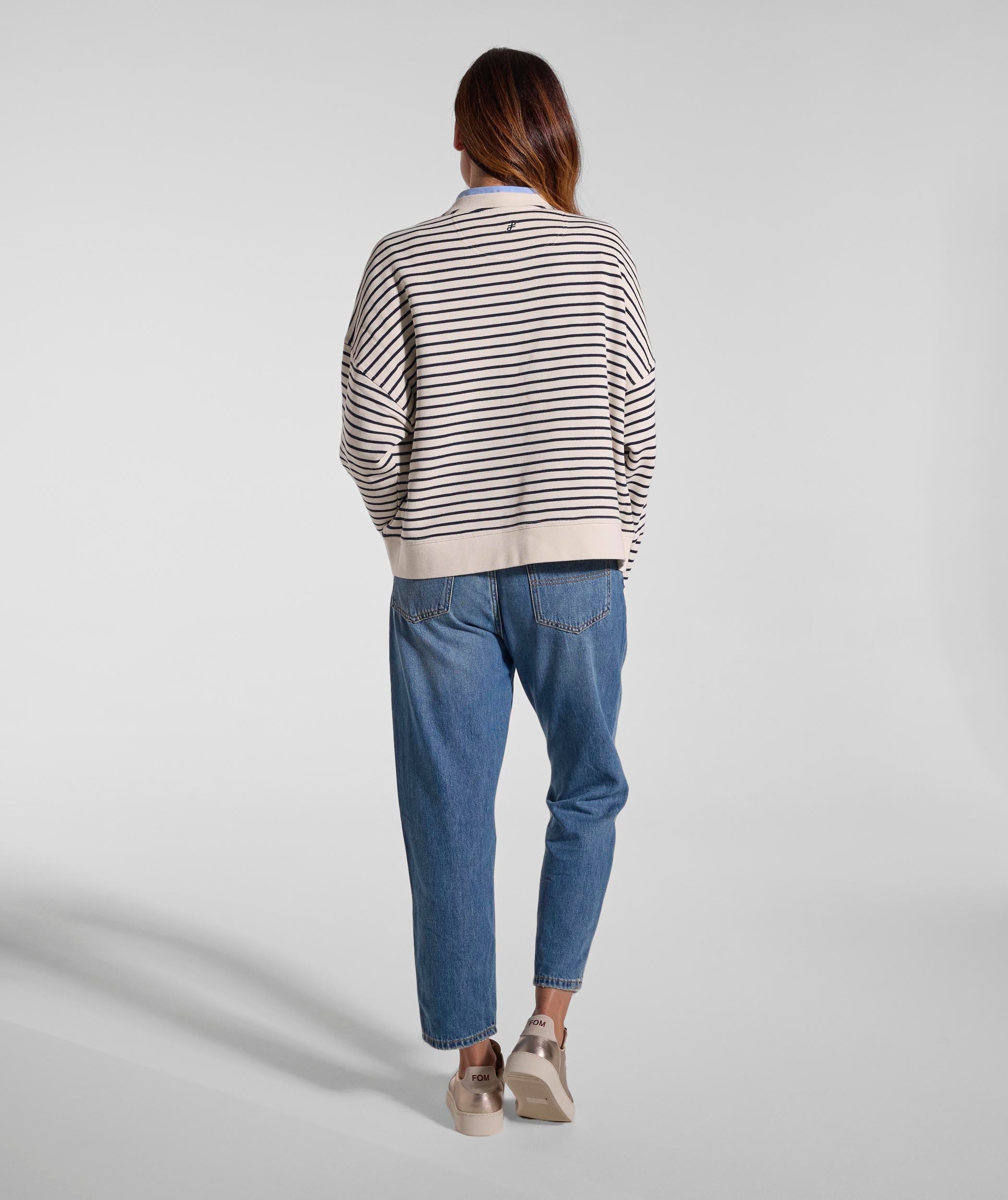 Ladies Pocket Stripe Sweater - Ivory & Navy