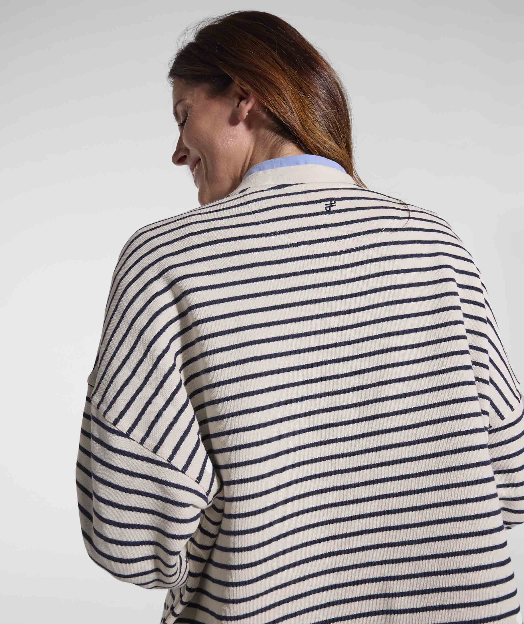 Ladies Pocket Stripe Sweater - Ivory & Navy