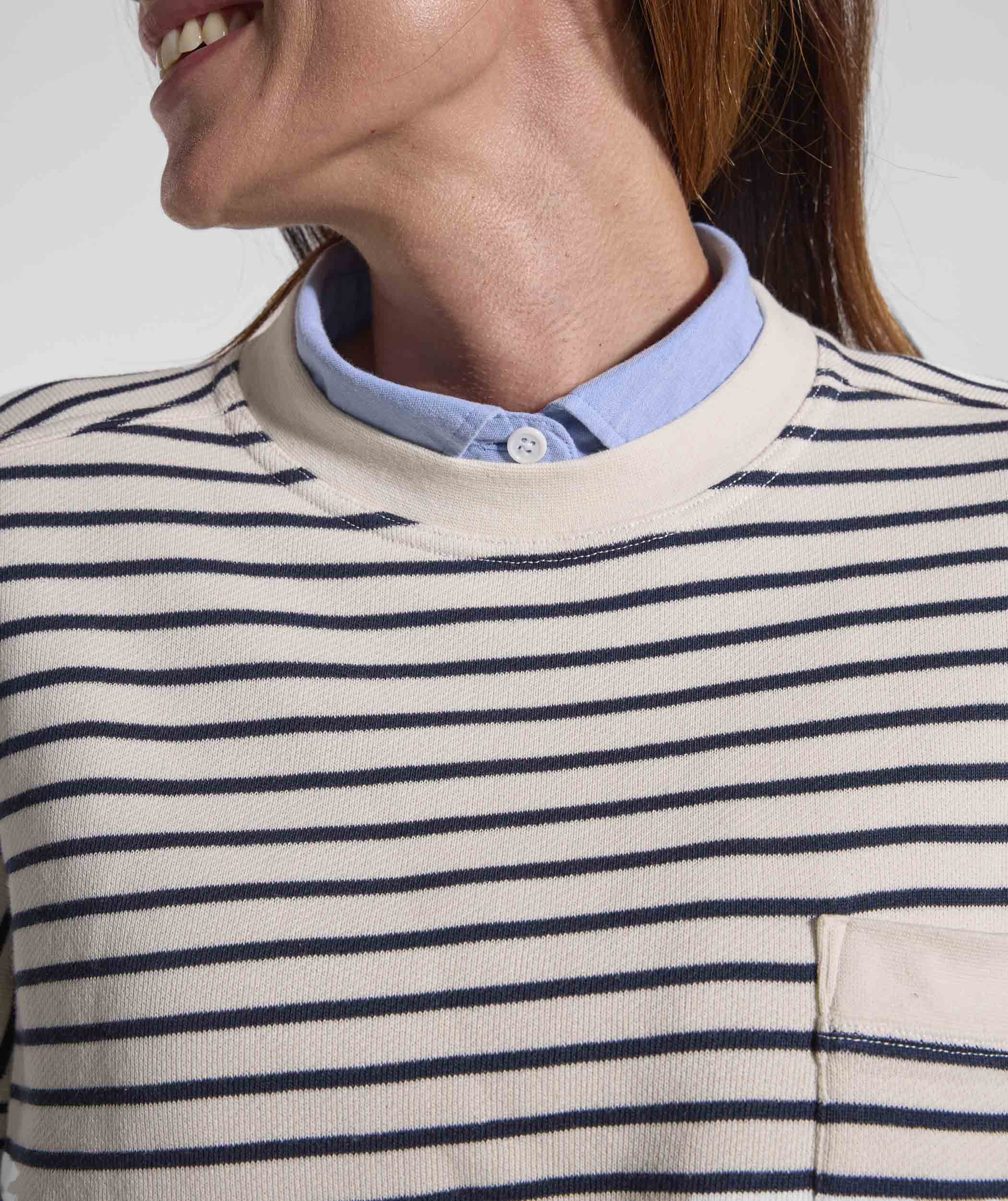Ladies Pocket Stripe Sweater - Ivory & Navy