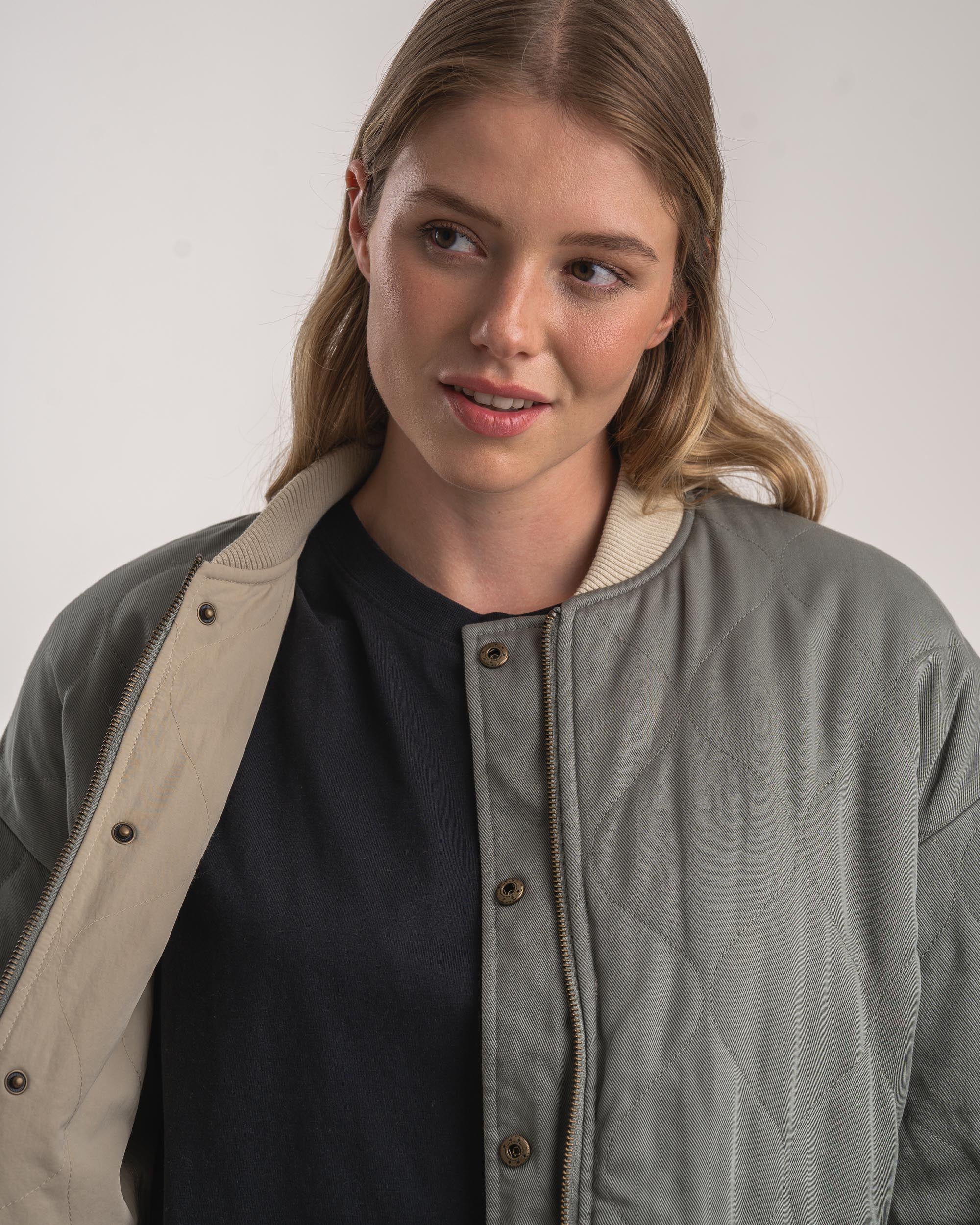 Ladies Quilted Bomber Jacket - Stone / Sage