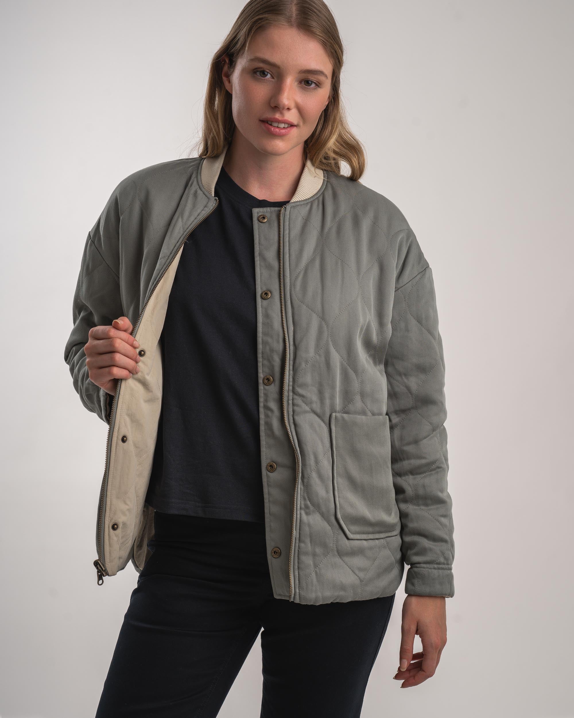 Ladies Quilted Bomber Jacket - Stone / Sage