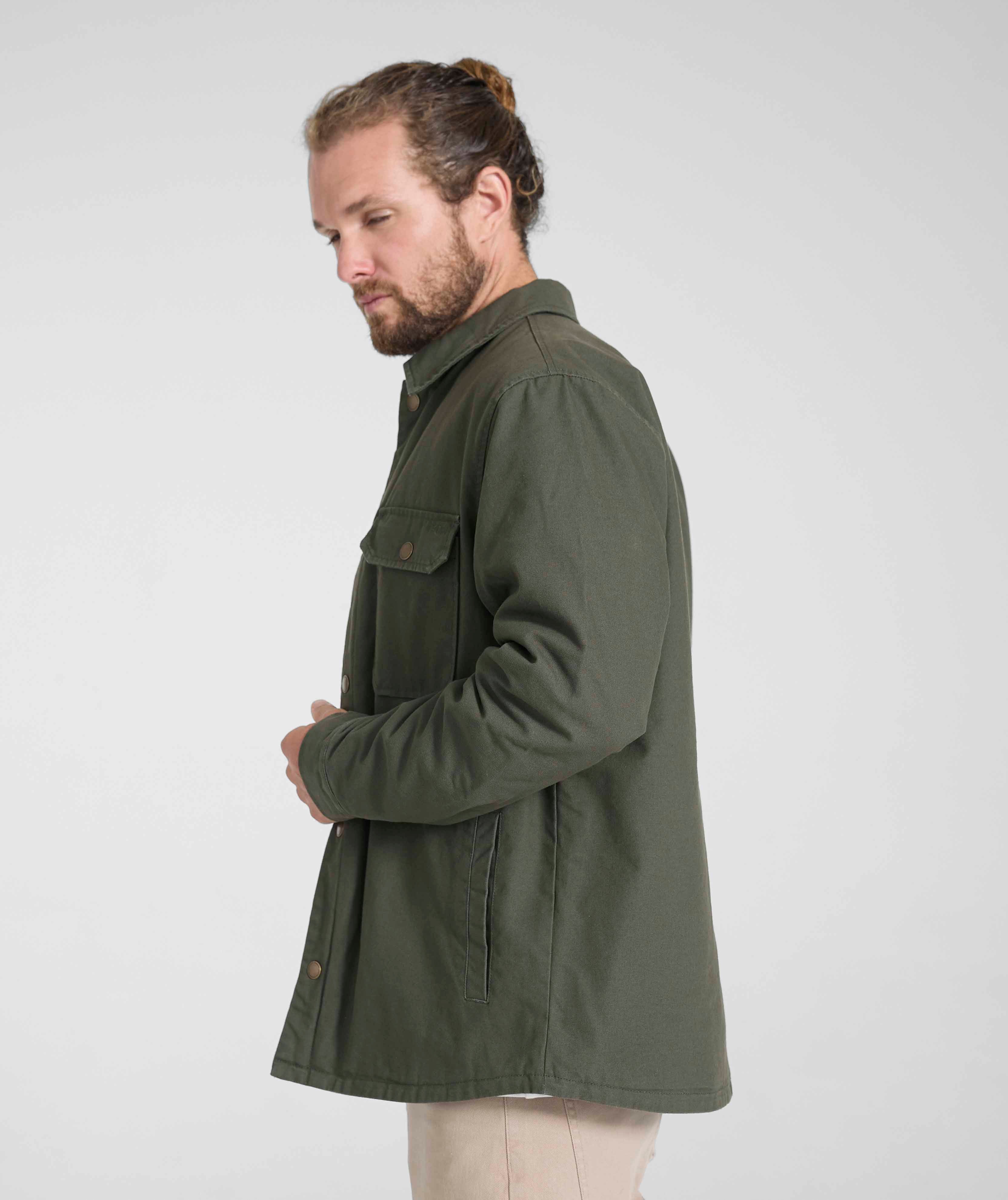 Mens Cotton Button Down Jacket - Olive