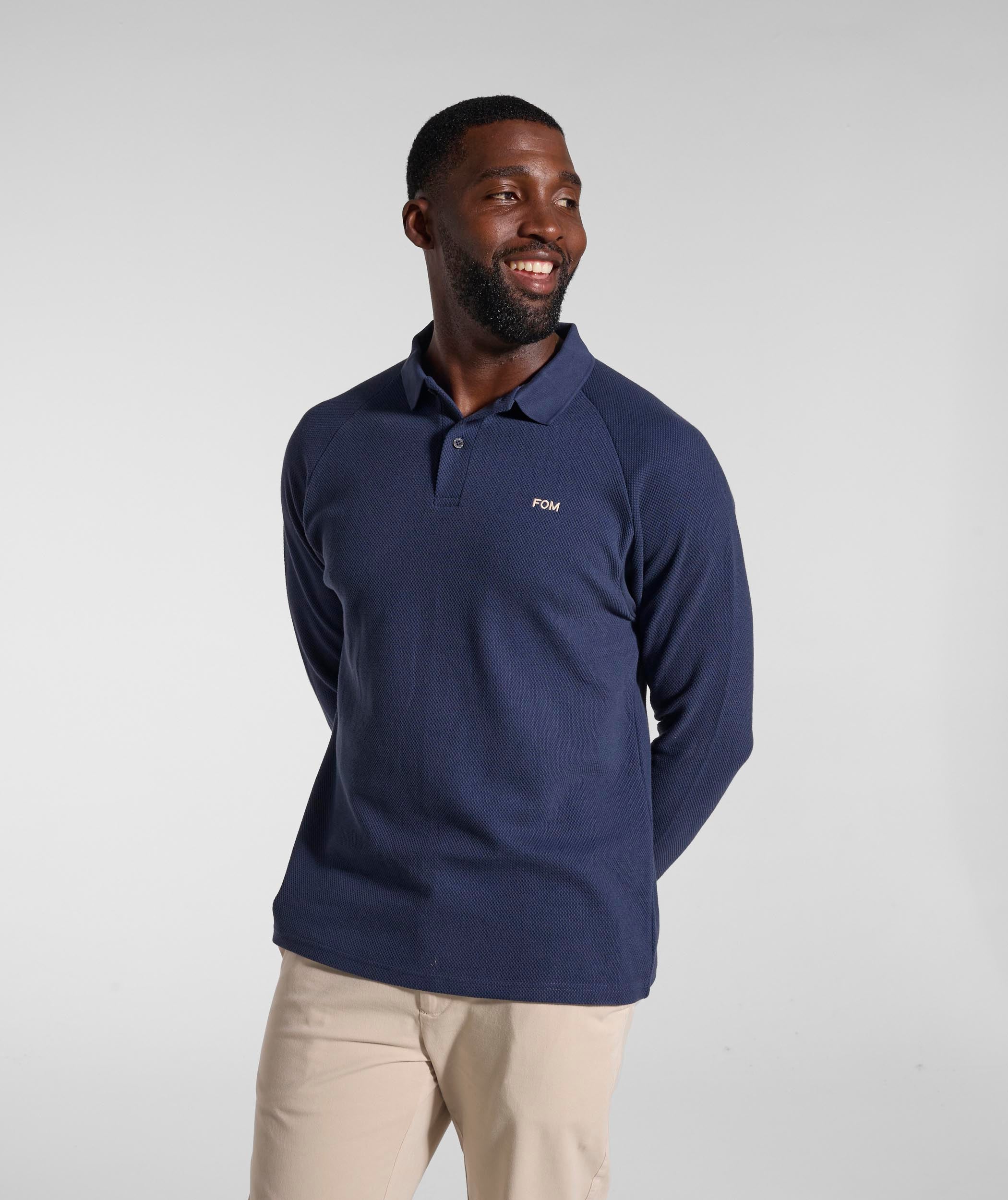 Mens Textured Long Sleeve Golfer - Ink