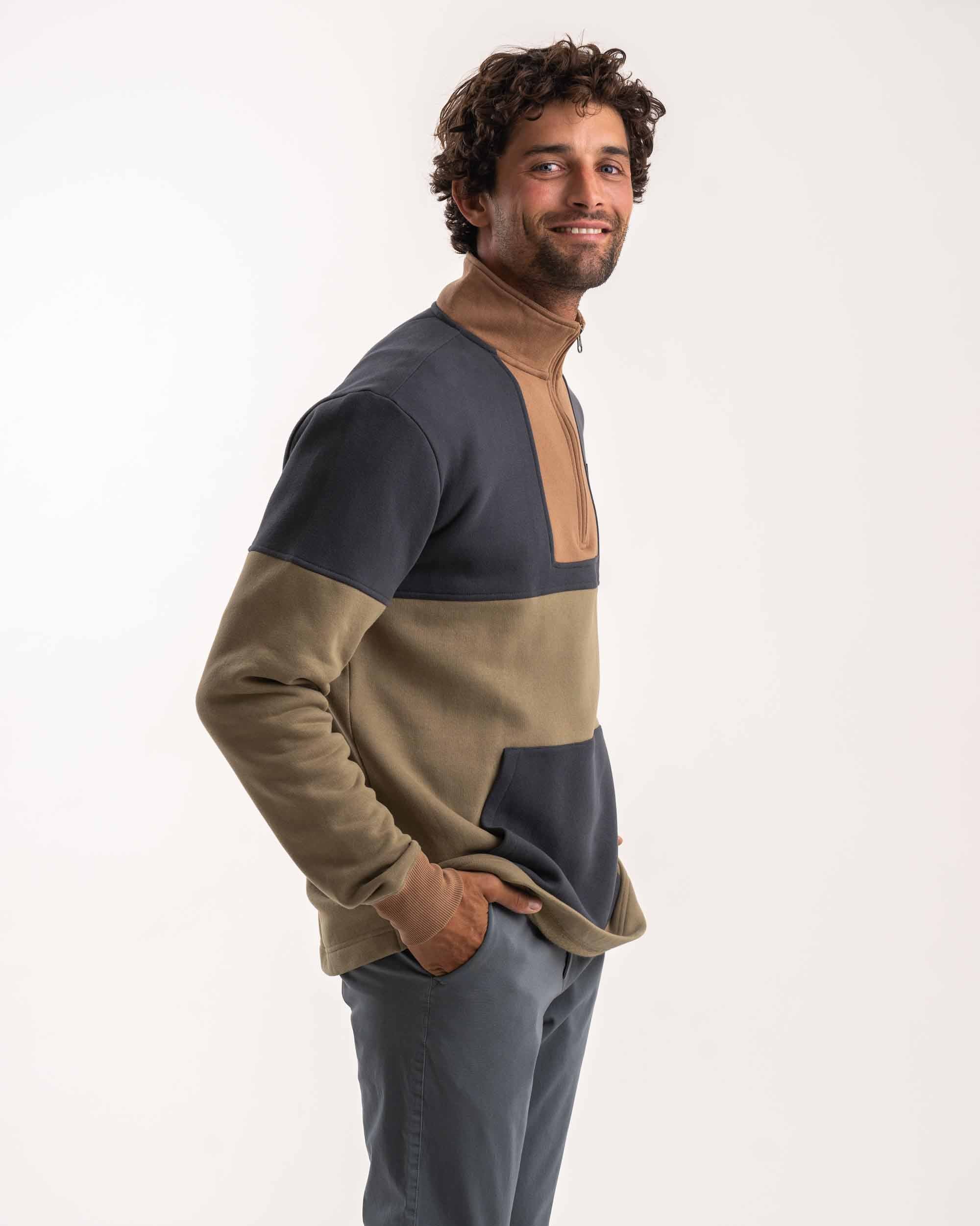 Mens Turtle Neck 1/4 Zip Sweater - Olive & Charcoal Colourblock