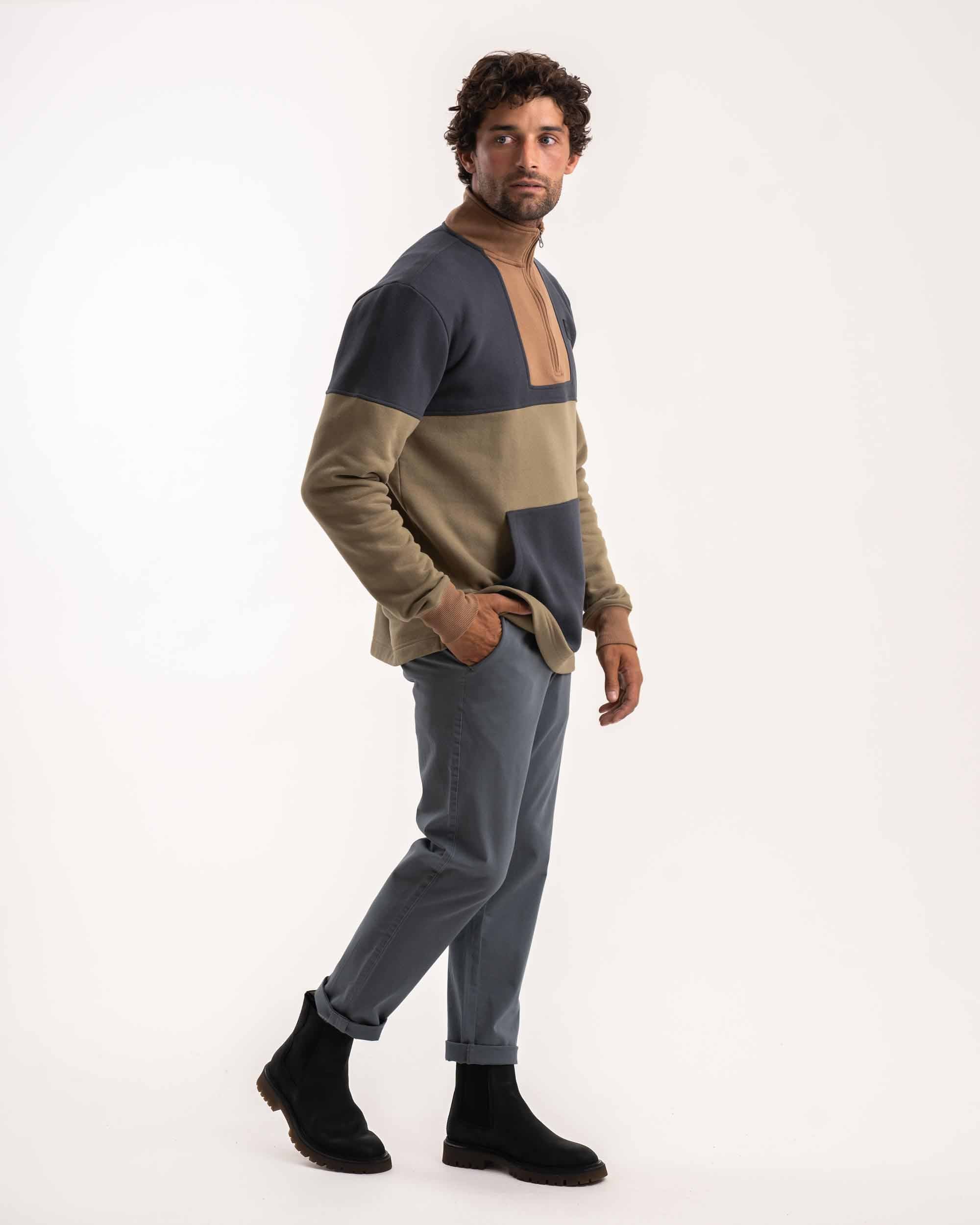 Mens Turtle Neck 1/4 Zip Sweater - Olive & Charcoal Colourblock