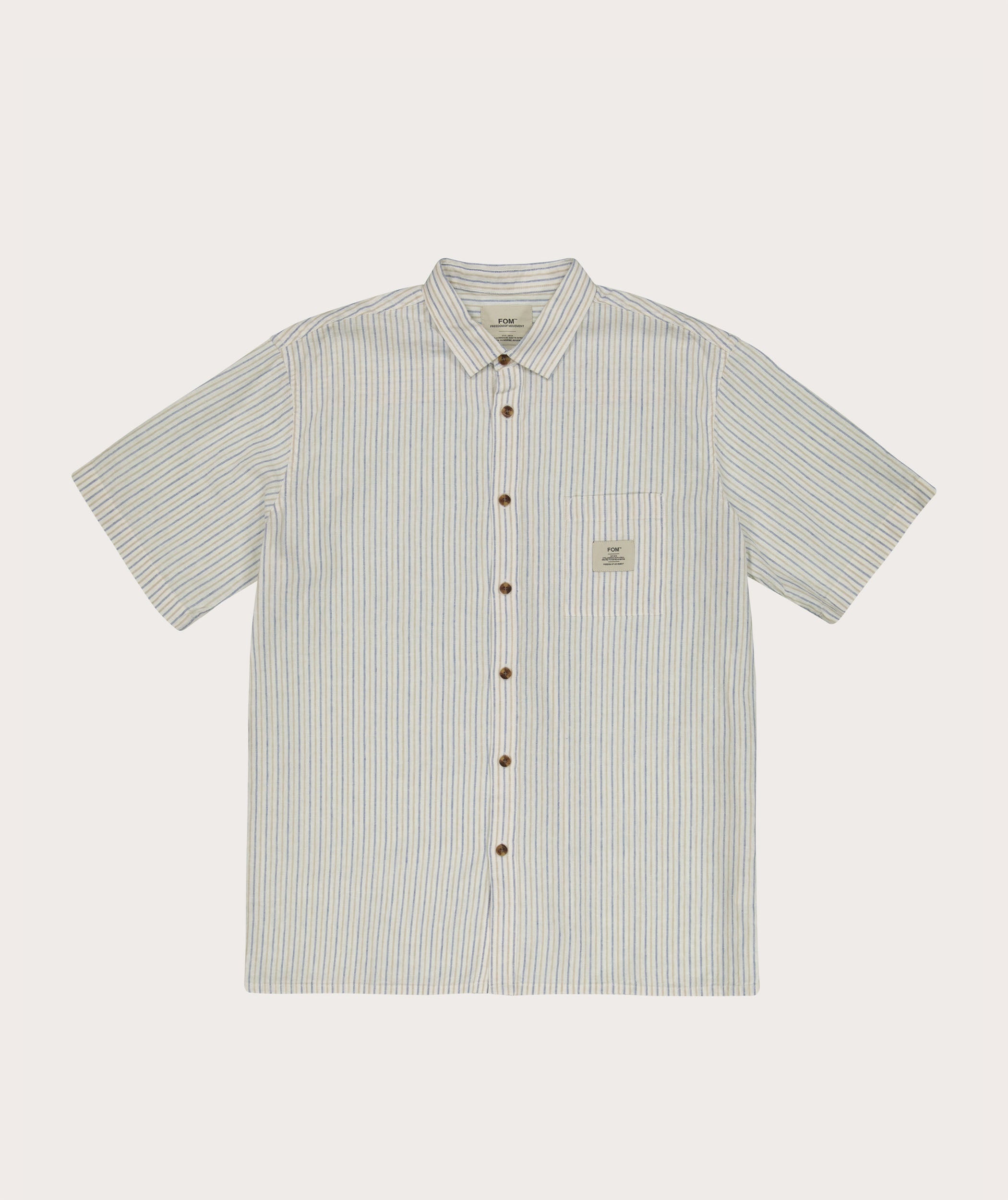 Mens Linen Blend Short Sleeve Stripe Shirt - Stone / Blue Stripe