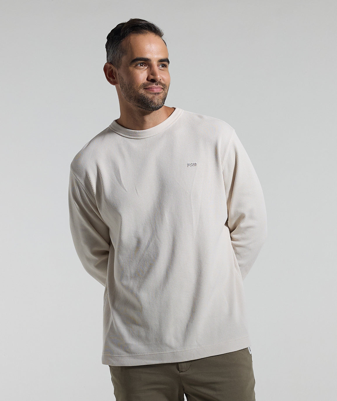 Mens Long Sleeve Textured Sweat - Ivory