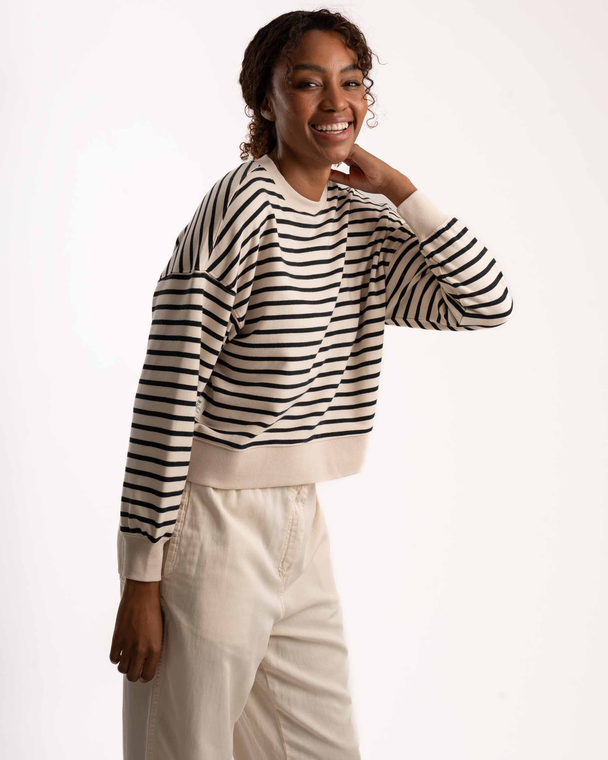 Ladies Crew Neck Stripe Sweater - Milk & Black