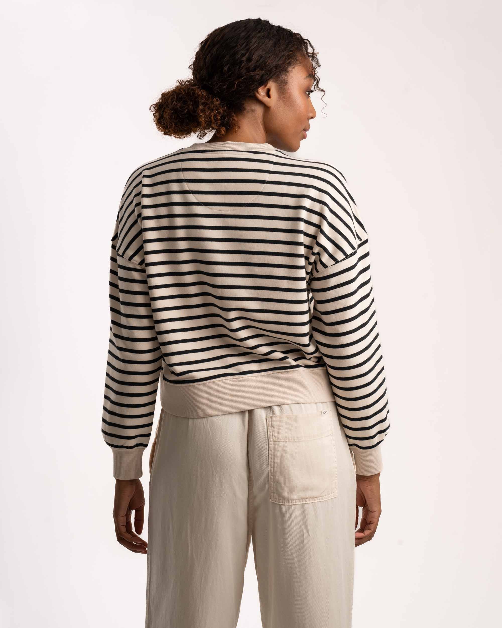 Ladies Crew Neck Stripe Sweater - Milk & Black