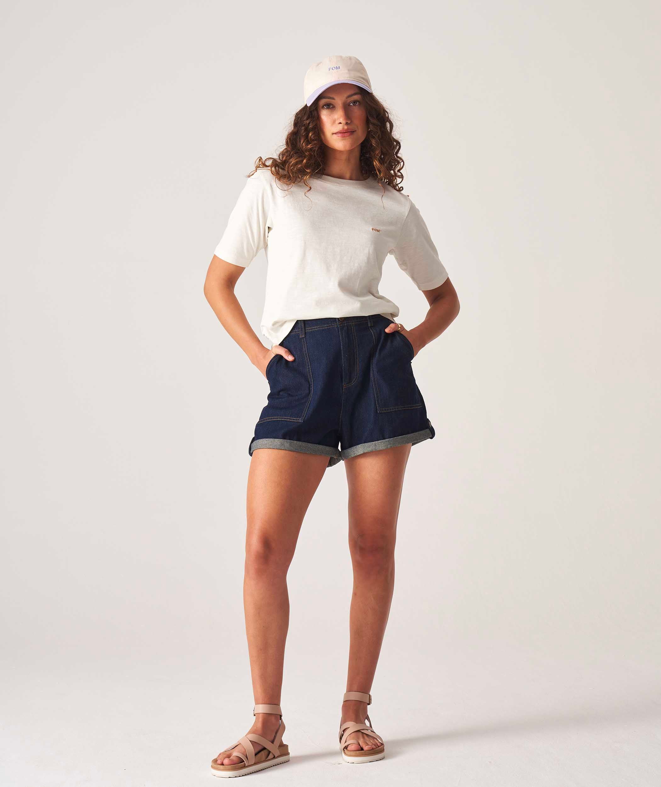 Ladies High Waisted Denim Shorts - Indigo