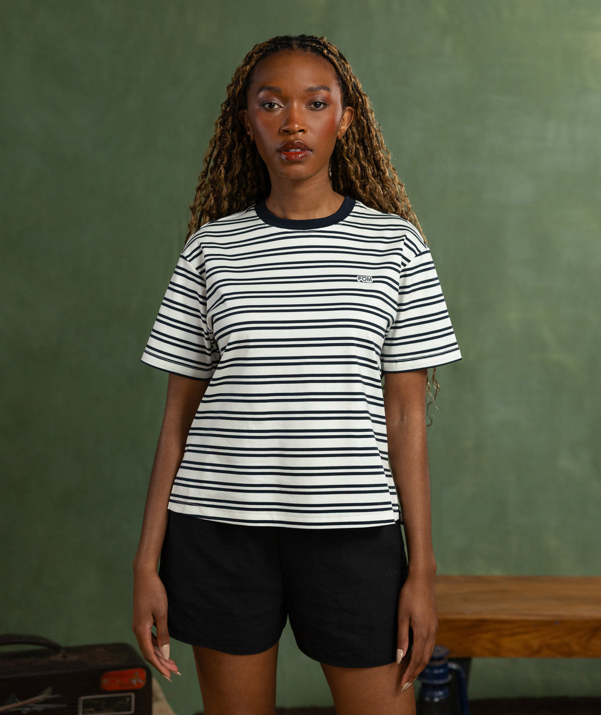 Ladies FreeMotion Regular Tee - Ivory & Navy Stripes