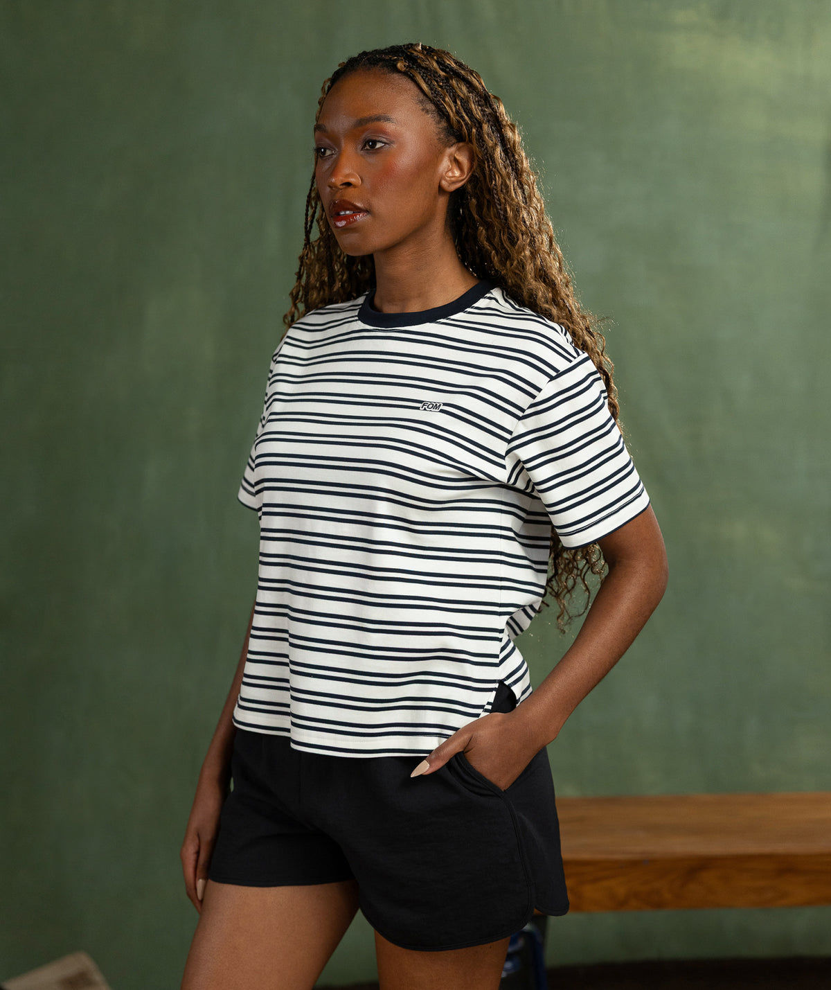Ladies FreeMotion Regular Tee - Ivory & Navy Stripes