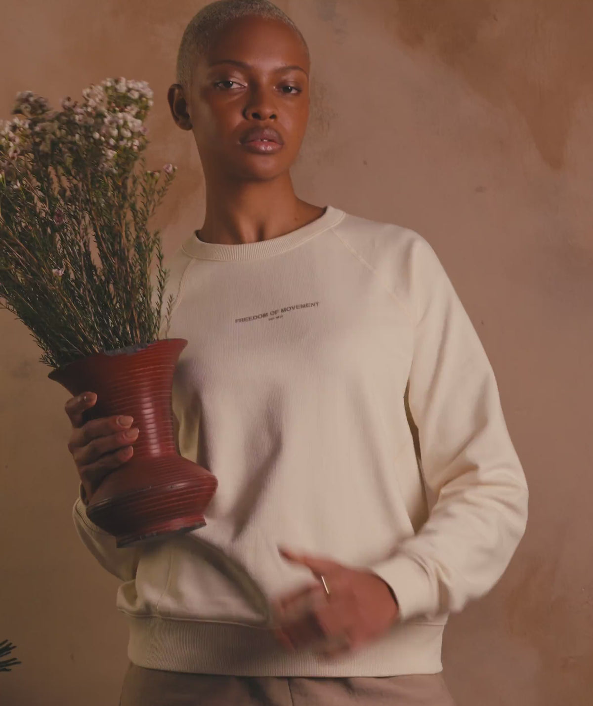 Ladies Textured Crew Neck Sweat - Ivory